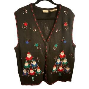 Bobbie Brooks Christmas Sweater Vest Elf Trees Sequins black Size large 12-14